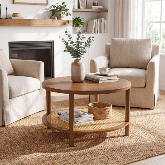 2-Tier Boho Round Rattan Coffee Table with Storage Shelf-Walnut W2B