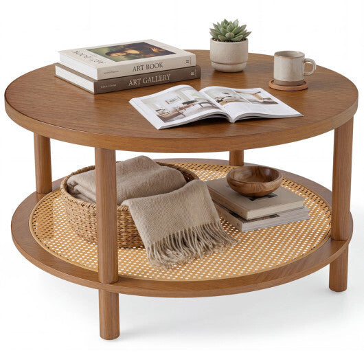 2-Tier Boho Round Rattan Coffee Table with Storage Shelf-Walnut W2B