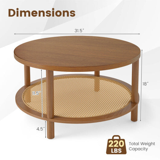 2-Tier Boho Round Rattan Coffee Table with Storage Shelf-Walnut W2B