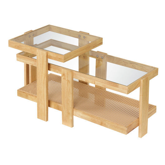 Set of 2 Nesting Coffee Table with Boho Rattan Accent Table-Natural W2B