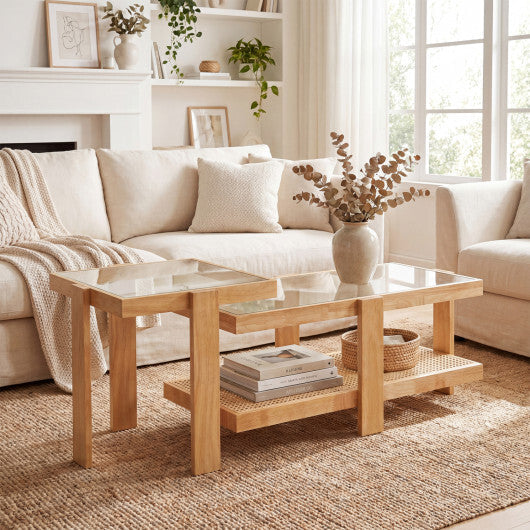 Set of 2 Nesting Coffee Table with Boho Rattan Accent Table-Natural W2B