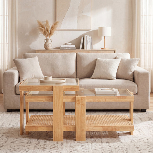 Set of 2 Nesting Coffee Table with Boho Rattan Accent Table-Natural W2B