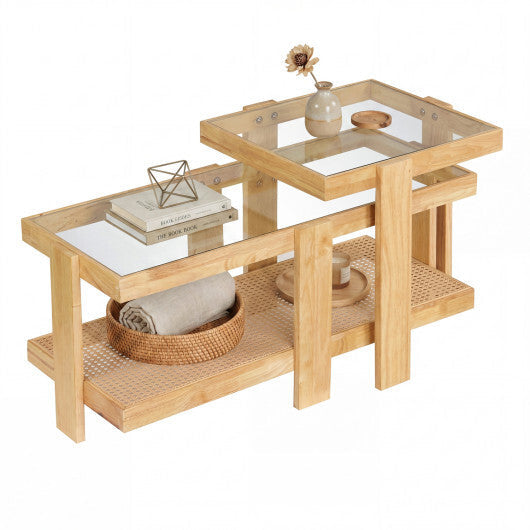 Set of 2 Nesting Coffee Table with Boho Rattan Accent Table-Natural W2B