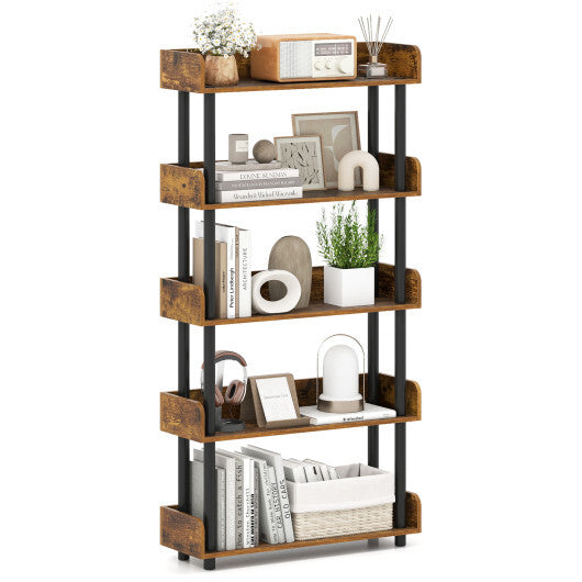 5-Tier Open Bookcase with Industrial Storage Unit-Rustic Brown W2B