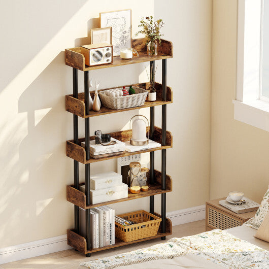 5-Tier Open Bookcase with Industrial Storage Unit-Rustic Brown W2B