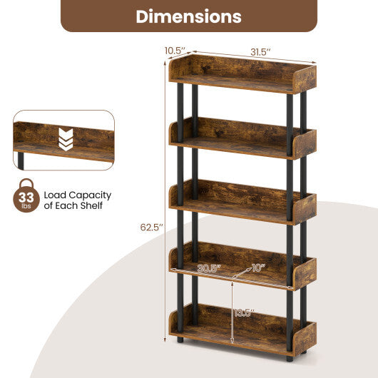 5-Tier Open Bookcase with Industrial Storage Unit-Rustic Brown W2B
