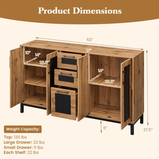 63" Sideboard Buffet Cabinet with 3 Drawers and Storage Shelves-Natural W2B