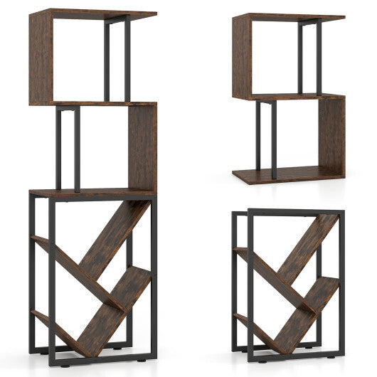 6-Tier Bookshelf Floor Standing Tree S-Shaped Geometric Bookcase with Open Shelves-Brown W2B