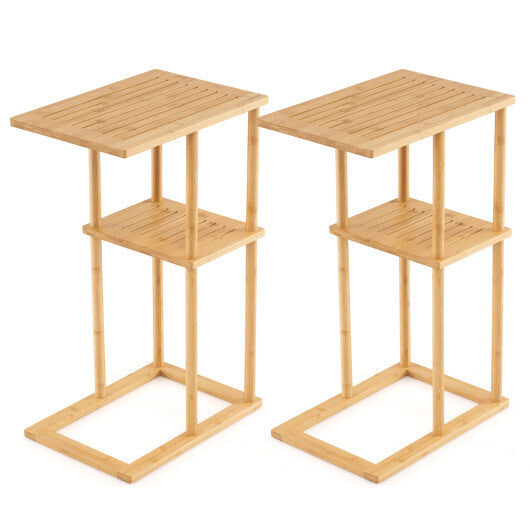 Side Table Set of 2 with Storage Shelves and Bamboo Construction-Natural W2B