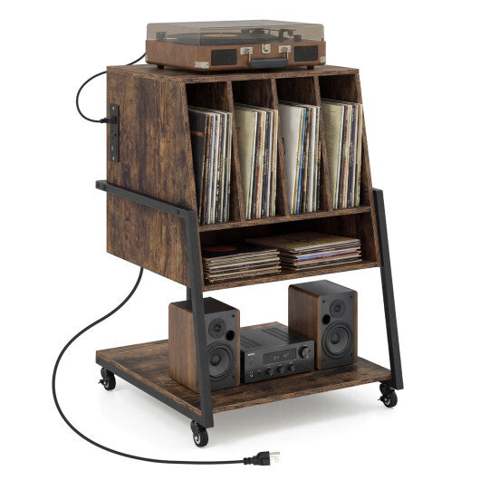 Record Player Stand on Wheels Rolling Turntable Stand with Power Outlets-Rustic Brown W2B