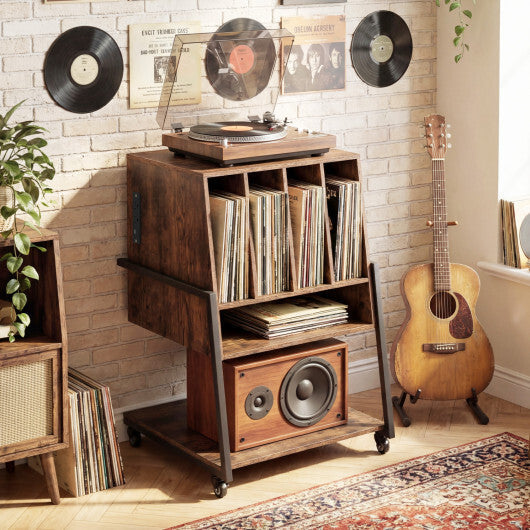 Record Player Stand on Wheels Rolling Turntable Stand with Power Outlets-Rustic Brown W2B