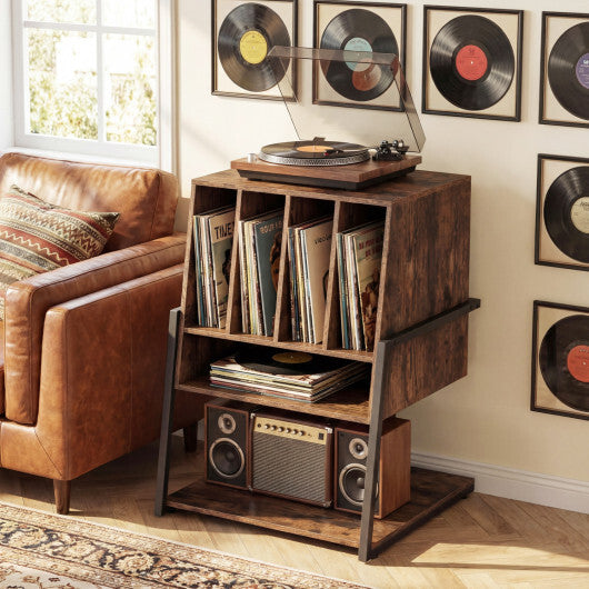Record Player Stand on Wheels Rolling Turntable Stand with Power Outlets-Rustic Brown W2B