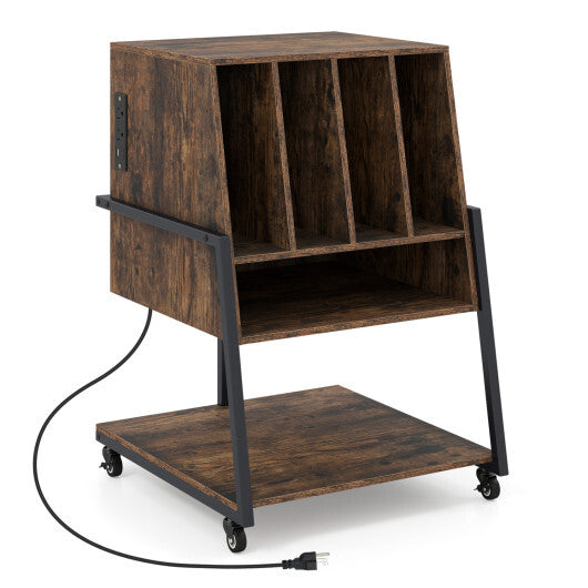Record Player Stand on Wheels Rolling Turntable Stand with Power Outlets-Rustic Brown W2B