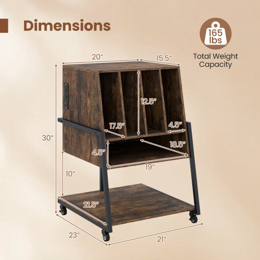 Record Player Stand on Wheels Rolling Turntable Stand with Power Outlets-Rustic Brown W2B