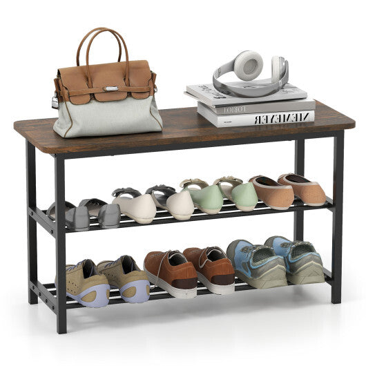 3-Tier Shoe Rack Shoe Bench with Metal Slat Shelves and Long Wooden Seat-Rustic Brown W2B