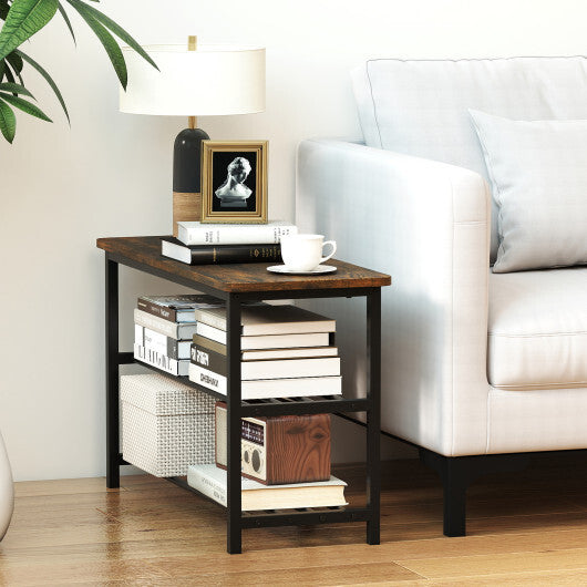 3-Tier Shoe Rack Shoe Bench with Metal Slat Shelves and Long Wooden Seat-Rustic Brown W2B