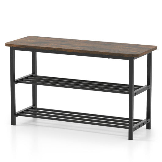 3-Tier Shoe Rack Shoe Bench with Metal Slat Shelves and Long Wooden Seat-Rustic Brown W2B