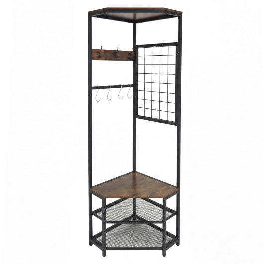 Corner Hall Tree Freestanding Coat Rack with Storage Shelves Removable Hooks-Brown W2B