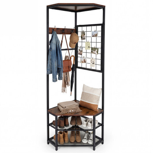 Corner Hall Tree Freestanding Coat Rack with Storage Shelves Removable Hooks-Brown W2B