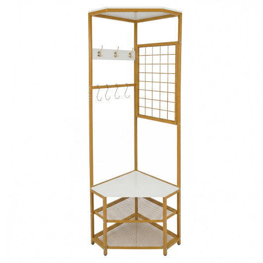 Corner Hall Tree Freestanding Coat Rack with Storage Shelves Removable Hooks-Brown W2B