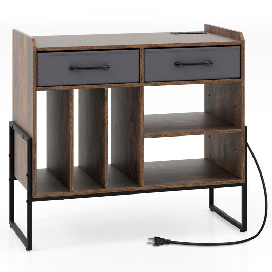 Large Record Player Stand with Charging Station Mid Century Modern Vinyl Storage Cabinet-Rustic Brown W2B