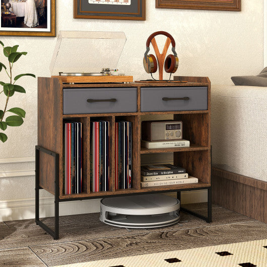 Large Record Player Stand with Charging Station Mid Century Modern Vinyl Storage Cabinet-Rustic Brown W2B