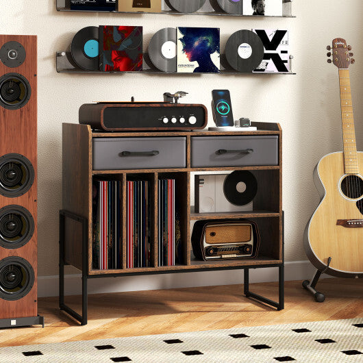 Large Record Player Stand with Charging Station Mid Century Modern Vinyl Storage Cabinet-Rustic Brown W2B