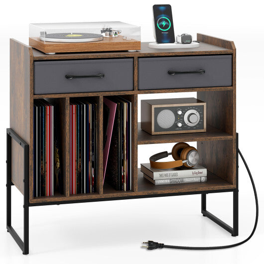 Large Record Player Stand with Charging Station Mid Century Modern Vinyl Storage Cabinet-Rustic Brown W2B