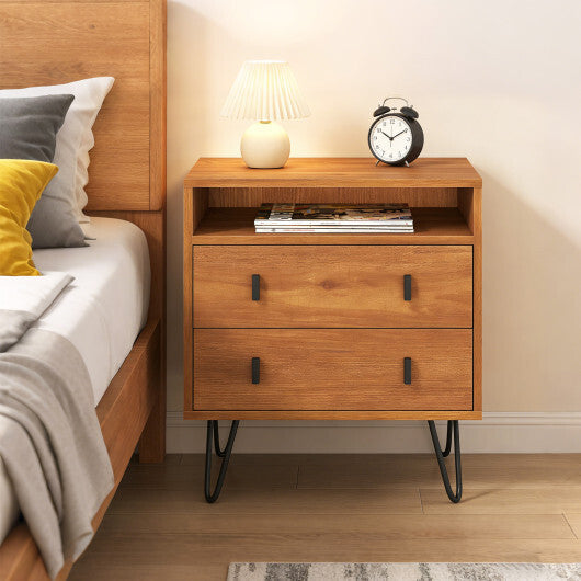 Mid Century Modern 2-Drawer Nightstand with Storage Compartment-Walnut W2B