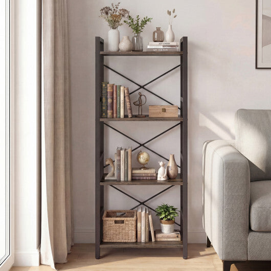 4-Tier Bookshelf Narrow Freestanding Display Shelf with Metal Frame-Oak W2B