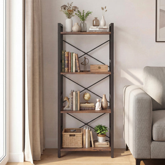 4-Tier Bookshelf Narrow Freestanding Display Shelf with Metal Frame-Oak W2B