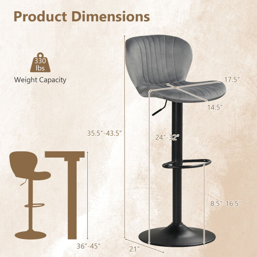 Adjustable Counter Height Chairs Set of 2 with Velvet Upholstered Backrests-Gray W2B