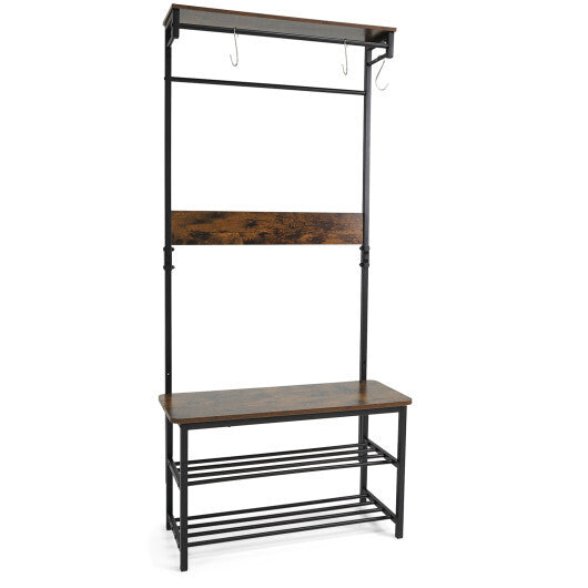 Coat Rack 4-In-1 Hall Tree with Shoe Bench and Removable Hooks-Coffee W2B