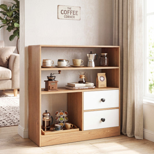 Open Storage Cabinet with 3 Open Compartments and 2 Drawer-Natural W2B