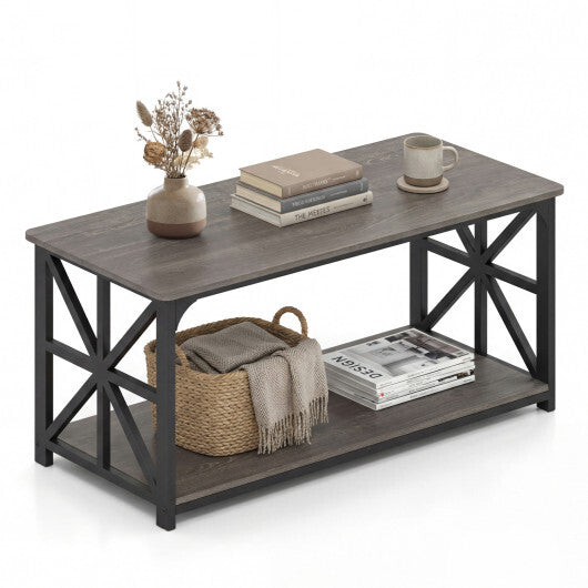 Coffee Table 2-Tier Center Table with Storage Shelf-Oak W2B