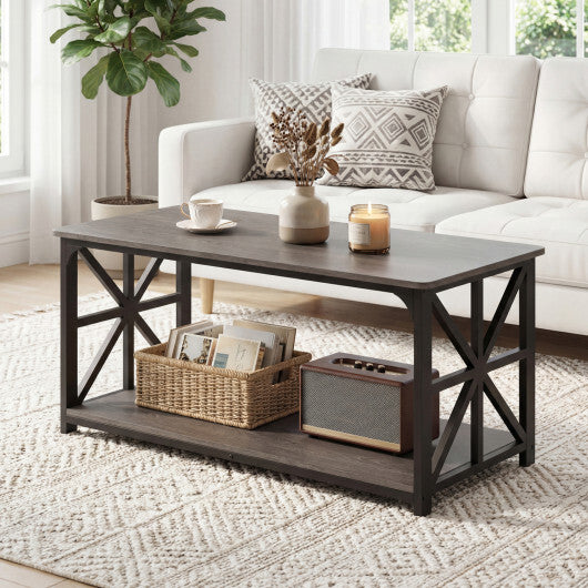Coffee Table 2-Tier Center Table with Storage Shelf-Oak W2B