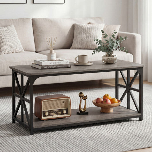 Coffee Table 2-Tier Center Table with Storage Shelf-Oak W2B