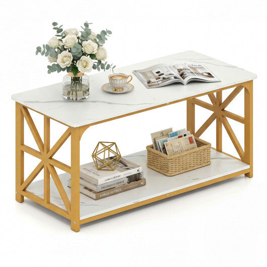 Coffee Table 2-Tier Center Table with Storage Shelf-Oak W2B