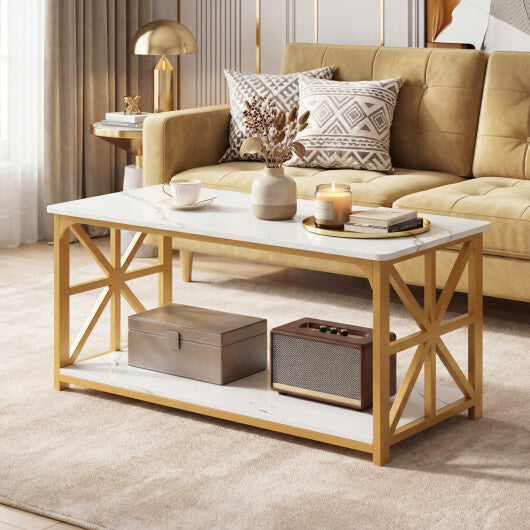 Coffee Table 2-Tier Center Table with Storage Shelf-Oak W2B