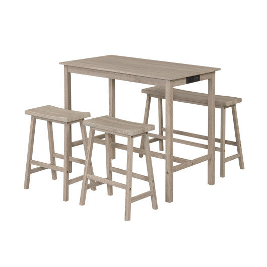 4-Piece Counter Height Dining Table Set with Power Outlet Solid Rubber Wood Kitchen Table-Gray W2B