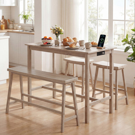 4-Piece Counter Height Dining Table Set with Power Outlet Solid Rubber Wood Kitchen Table-Gray W2B