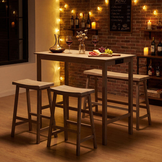 4-Piece Counter Height Dining Table Set with Power Outlet Solid Rubber Wood Kitchen Table-Gray W2B