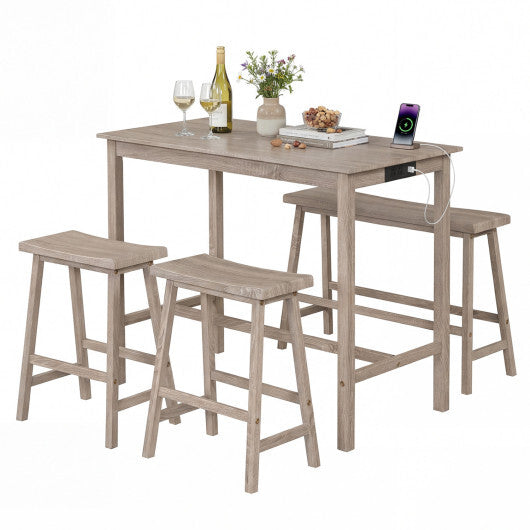 4-Piece Counter Height Dining Table Set with Power Outlet Solid Rubber Wood Kitchen Table-Gray W2B