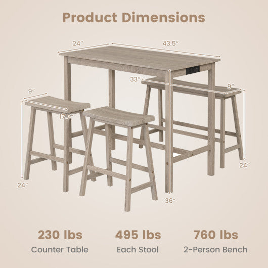 4-Piece Counter Height Dining Table Set with Power Outlet Solid Rubber Wood Kitchen Table-Gray W2B