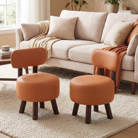 Small Footrest Stools Set of 2 Round Ottoman with Backrest-Orange W2B