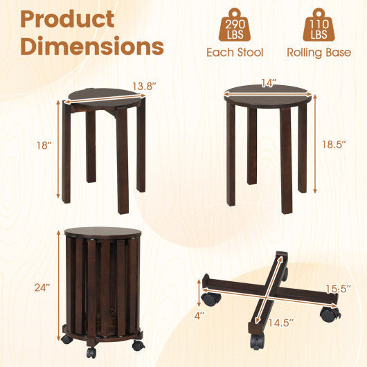 Round Portable Wood Nesting Stools with Locking Casters-Natural W2B