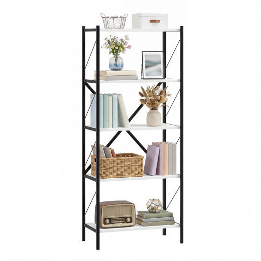 5-Tier Tall Bookshelf Industrial Bookcase with Heavy-Duty Metal Frame Modern Storage-White W2B