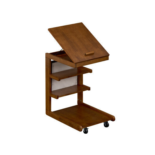 C-shaped End Table with Wheels and Adjustable Desktop for Sofa Couch Bedside-Natural W2B