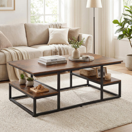 43" Rectangle Coffee Table with Storage and Open Shelves-Rusticbrown W2B