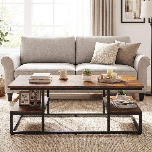 43" Rectangle Coffee Table with Storage and Open Shelves-Rusticbrown W2B